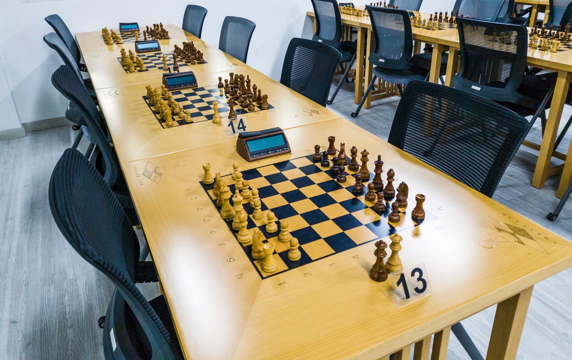Chessboard in the room ready for the tournament. Sports